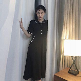 Lace Trim Short-sleeve Midi Collared A-line Dress
