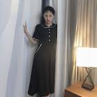 Lace Trim Short-sleeve Midi Collared A-line Dress