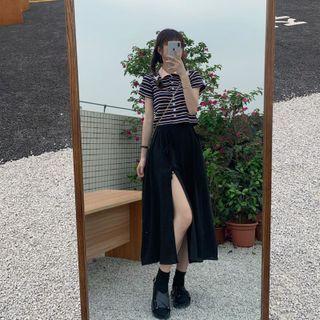 Short-sleeve Striped T-shirt / Side-slit Midi A-line Skirt