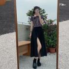 Short-sleeve Striped T-shirt / Side-slit Midi A-line Skirt