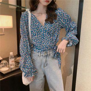 V-neck Floral Chiffon Top As Shown In Figure - One Size