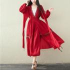 Long-sleeve Hooded Midi Dress Red - One Size