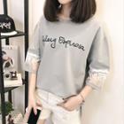 3/4-sleeve Lace Panel Lettering Top