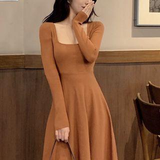 Square Neck Long-sleeve Midi Knit Dress