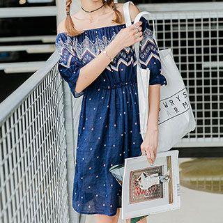Printed Off Shoulder Elbow Sleeve Dress