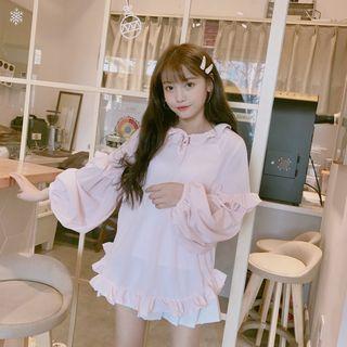 Lantern-sleeve Tie-neck Ruffle-hem Top