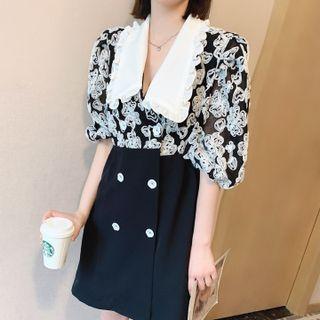 Elbow-sleeve Collared Print Panel Mini A-line Dress