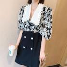 Elbow-sleeve Collared Print Panel Mini A-line Dress