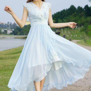 Lace Panel Ruffle Trim Midi A-line Dress