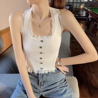Sleeveless Halter Neck Plain Lace Trim Tank Top