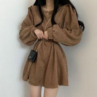 Corduroy Loose-fit Puff-sleeve Dress