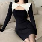 Two-tone Knit Mini Bodycon Dress Black - One Size