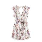 Floral Ruffle Trim Tie-waist Mini A-line Dress