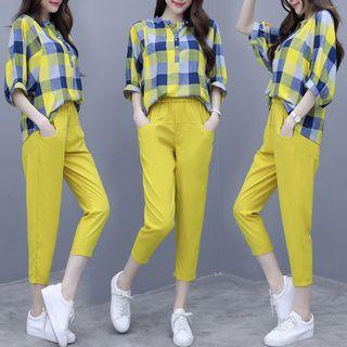 Set: Plaid Elbow-sleeve Blouse + Cropped Pants