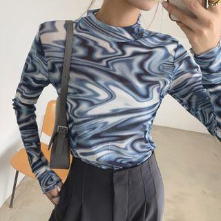Long-sleeve Mock-neck Tie-dye T-shirt