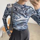 Long-sleeve Mock-neck Tie-dye T-shirt