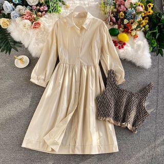 Plain Long-sleeve Dress+vest Off-white - One Size