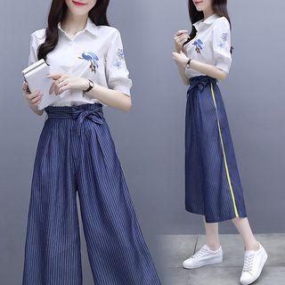 Set: Elbow-sleeve Embroidered Shirt + Cropped Wide-leg Pants