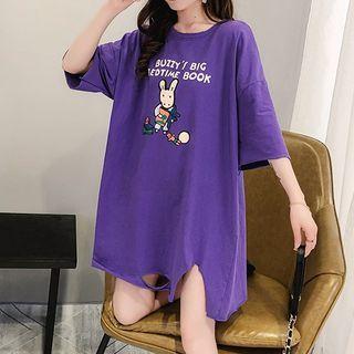 Elbow-sleeve Rabbit Print Ripped T-shirt