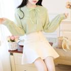 Set: Long-sleeve Tie-neck Blouse + Mini A-line Skirt