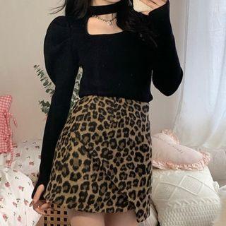 Cutout Knit Top / Leopard Print Mini Skirt