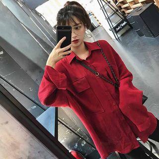 Plain Pocketed Long Shirt Rose Pink - One Size