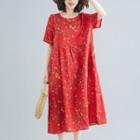 Short-sleeve Midi Floral Dress Red - One Size