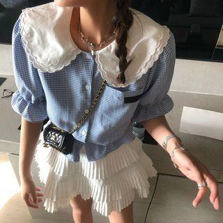 Contrast Collar Gingham Cropped Blouse
