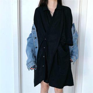 Irregular Long-sleeve Loose-fit Shirtdress Black - One Size