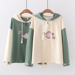 Tea Print Tasseled Two-tone Hoodie