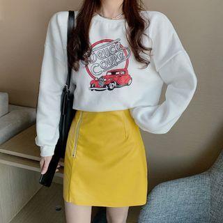 Car Print Pullover / Faux Leather A-line Skirt