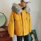 Furry-trim Hooded Snap Buttoned Coat