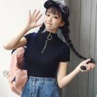 Mock-neck Half Zip Short-sleeve T-shirt