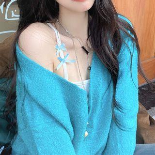 V-neck Knit Cardigan / Ribbon Camisole Top