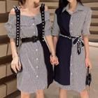 Elbow-sleeve Striped Paneled Shirt Dress / Faux Pearl Strap Cold Shoulder Dress