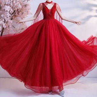 Cape-sleeve Rhinestone A-line Evening Gown