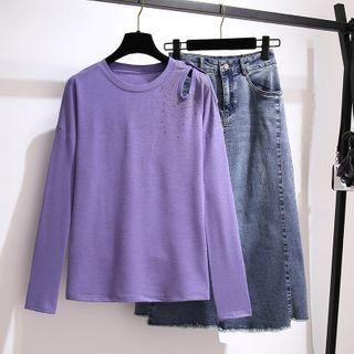 Set: Cutout Long-sleeve T-shirt + Midi A-line Denim Skirt