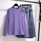 Set: Cutout Long-sleeve T-shirt + Midi A-line Denim Skirt