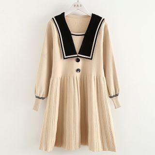 Puff-sleeve Collared Knit Dress