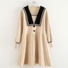 Puff-sleeve Collared Knit Dress