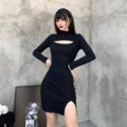 Long-sleeve Mock-neck Cutout-front Mini Dress