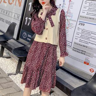 Set: Petal Print Tie-neck A-line Dress + Knit Vest