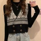 Double-breasted Cropped Sweater Vest / Mock-neck Knit Top