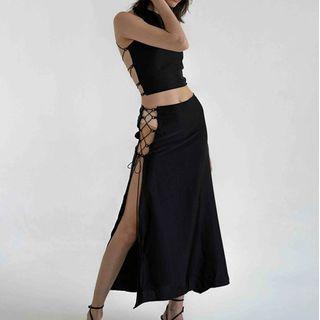 Set: Sleeveless Crew-neck Lace-up Crop Top + High-waist Lace-up Midi A-line Skirt
