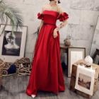 Short-sleeve Ruffled Open Back A-line Evening Gown