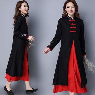 Long-sleeve Mock Two Piece A-line Midi Dress