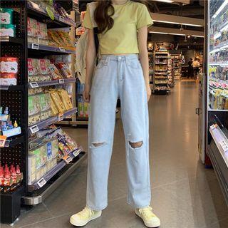 High-waist Distressed Straight-fit Jeans