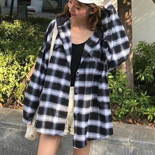 Plaid Zip-up Hooded Jacket Plaid - Black & White - One Size
