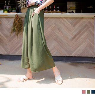 Elastic-waist Plain Wide-leg Chiffon Pants