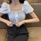 Puff-sleeve Panel Square-neck Plaid Cropped Top
